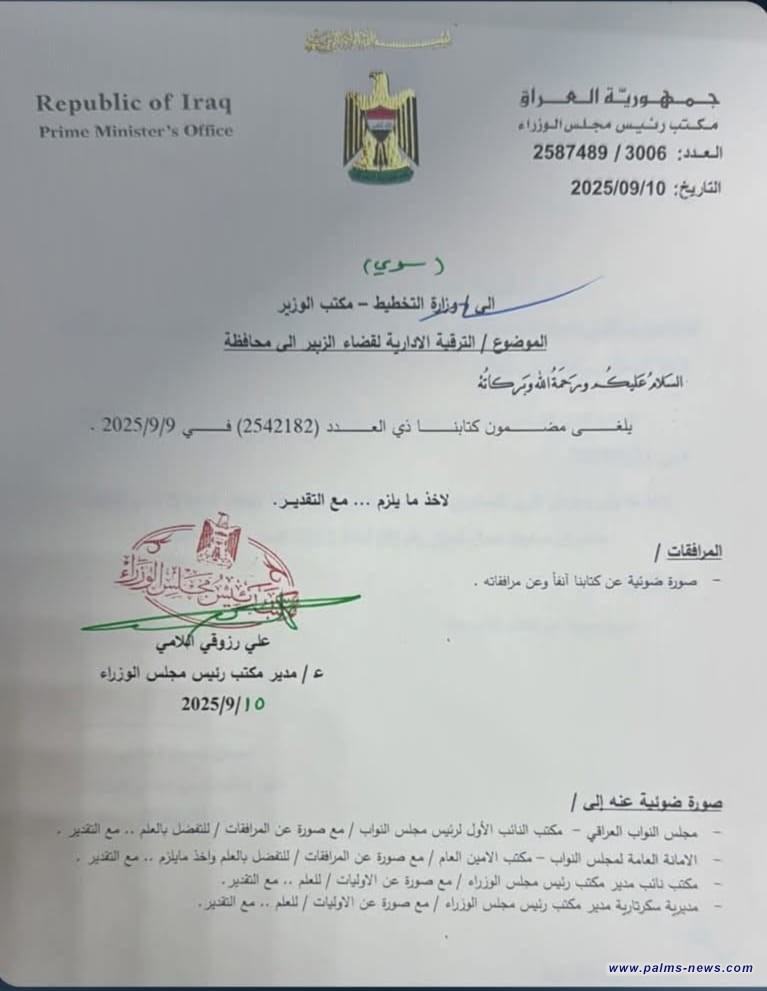 مكتب السوداني يوجه بإلغاء مضمون كتابه السابق بشأن ترقية قضاء الزبير إلى محافظة